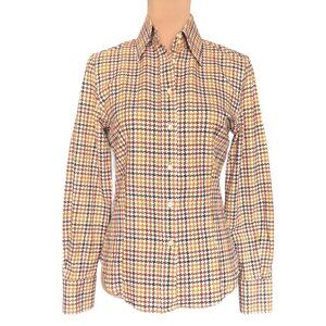 VTG ETRO Shirt Sz.6 Cream Brown Houndstooth Academia Career Italian Old Money